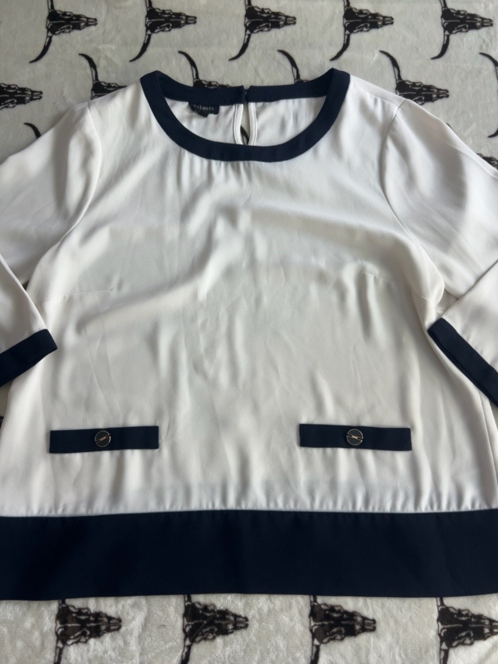 Talbots White Navy Colorblock 3/4 Sleeve Blouse Large